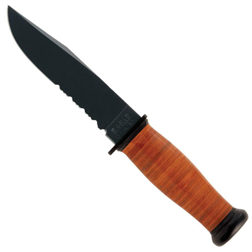 Ka-Bar Leather Handled Mark I Serrated Fixed Blade Knife