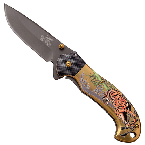 Masters Collection Embossed Tiger On Handle Ballistic Folding Knife - Gold