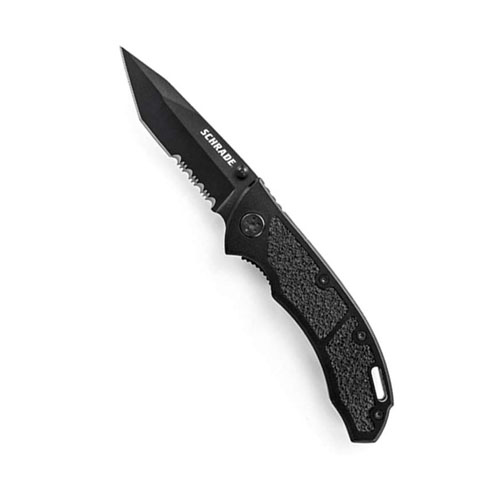 Schrade Black Tanto Stainless Steel Aluminum Handle Serrated Folding Knife