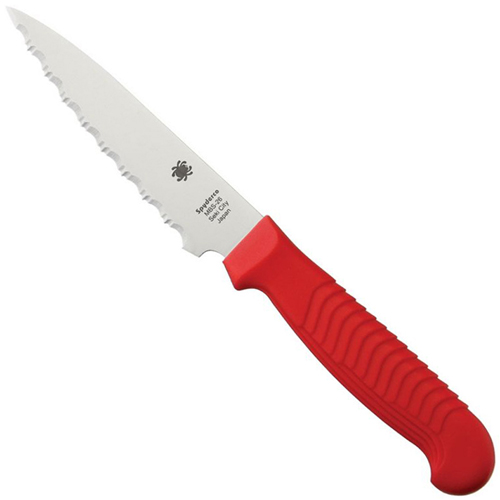 Spyderco Red Handle 4.5 Inch Serrated Kitchen Paring Fixed Blade Knife